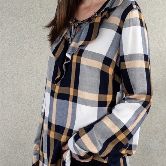 Tribal Tops - Tribal Plaid Ruffle Lace Up Front Top